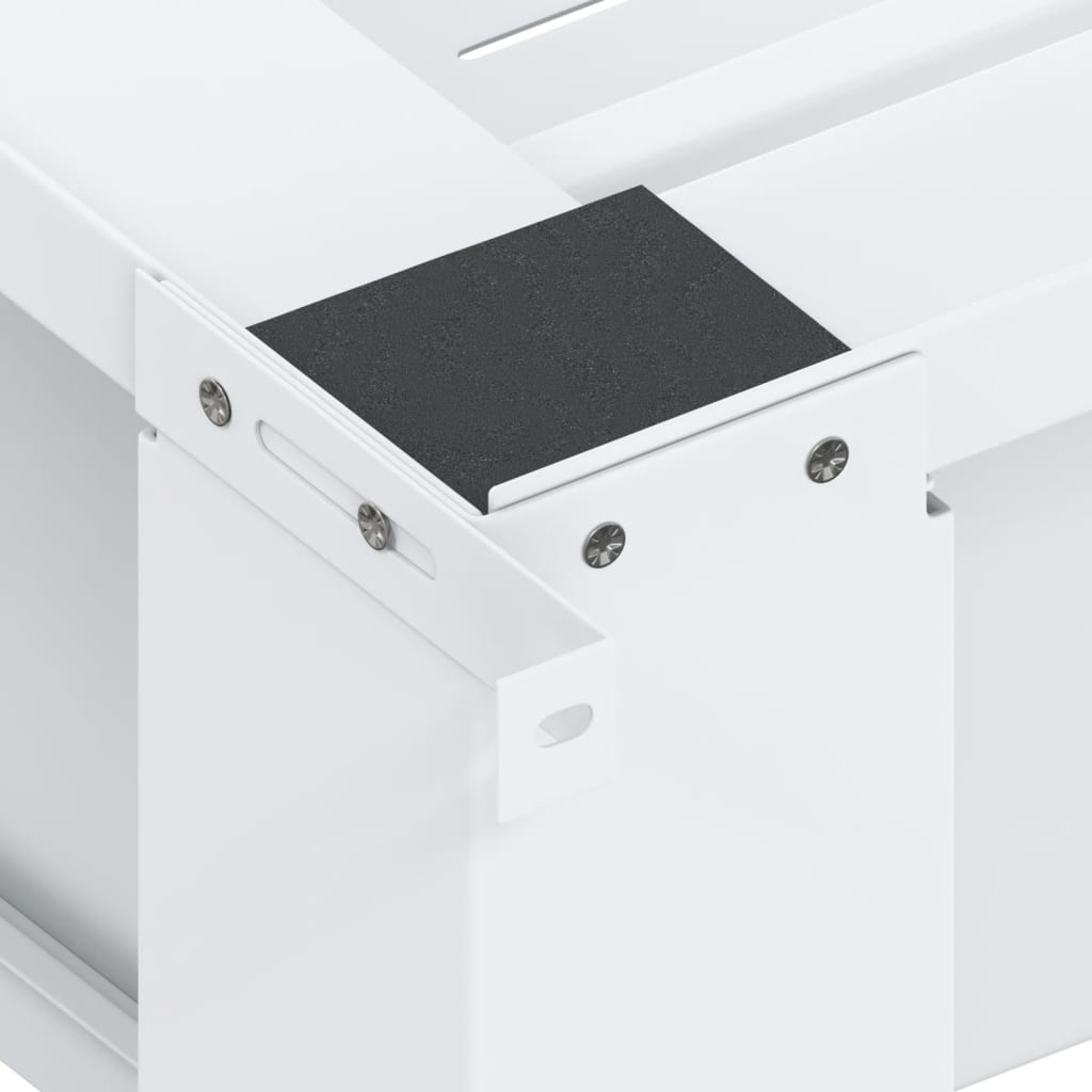 White steel washing machine pedestal with drawer and non-slip feet.