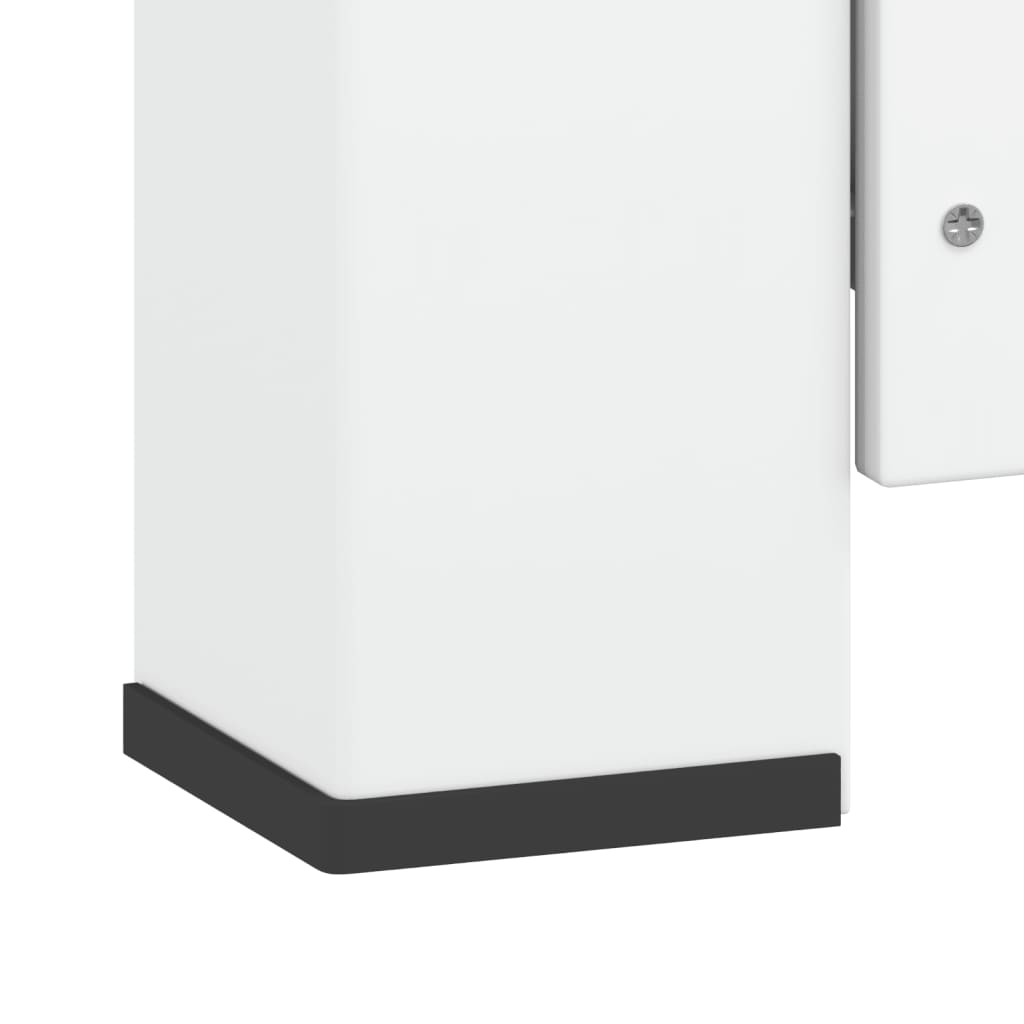 White steel washing machine pedestal with drawer and black rubber feet.