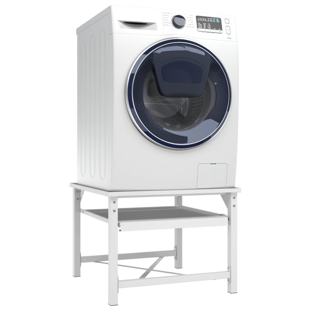White steel washing machine pedestal with shelf, elevating the unit on a sturdy frame.