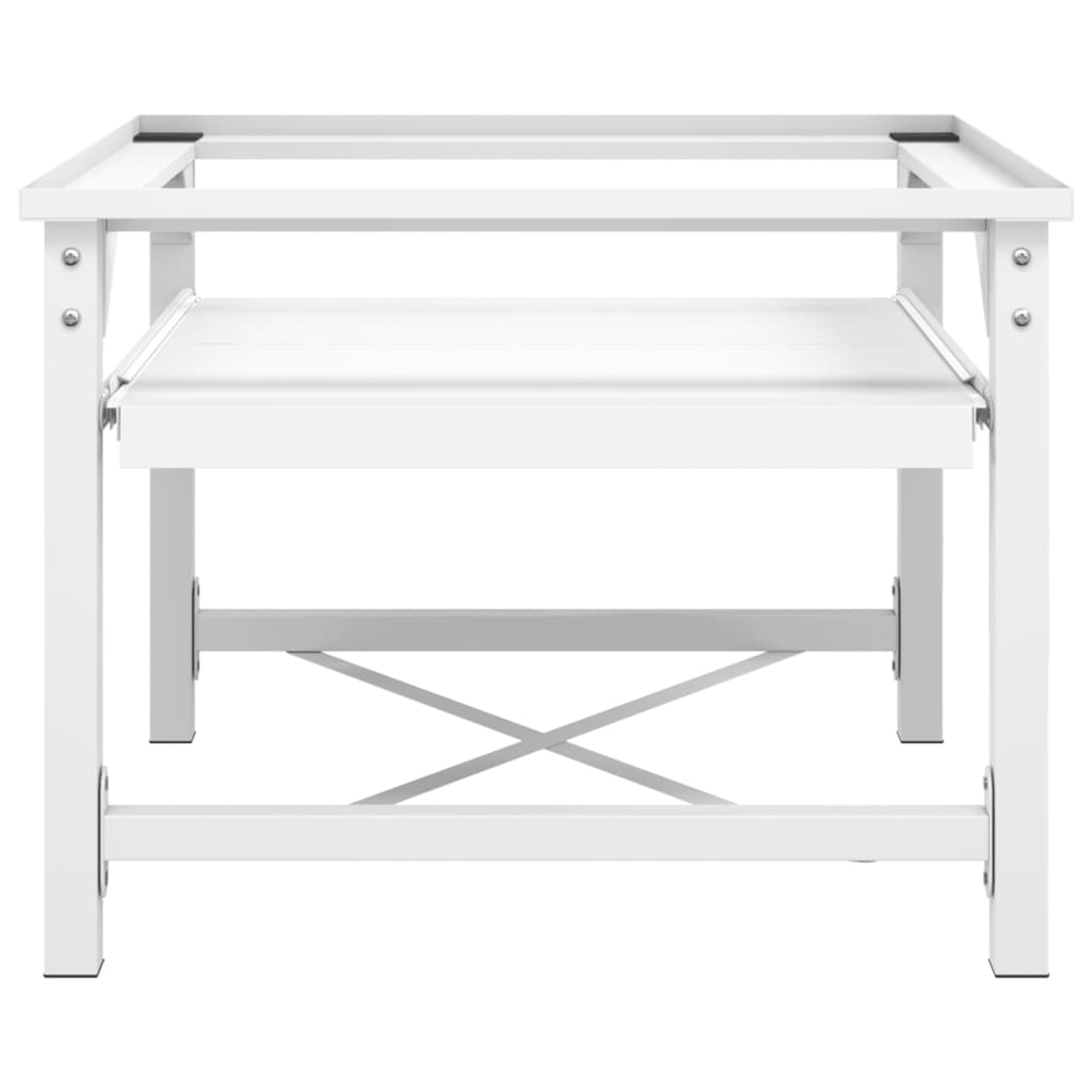 White steel washing machine pedestal with slide-out shelf and sturdy frame.