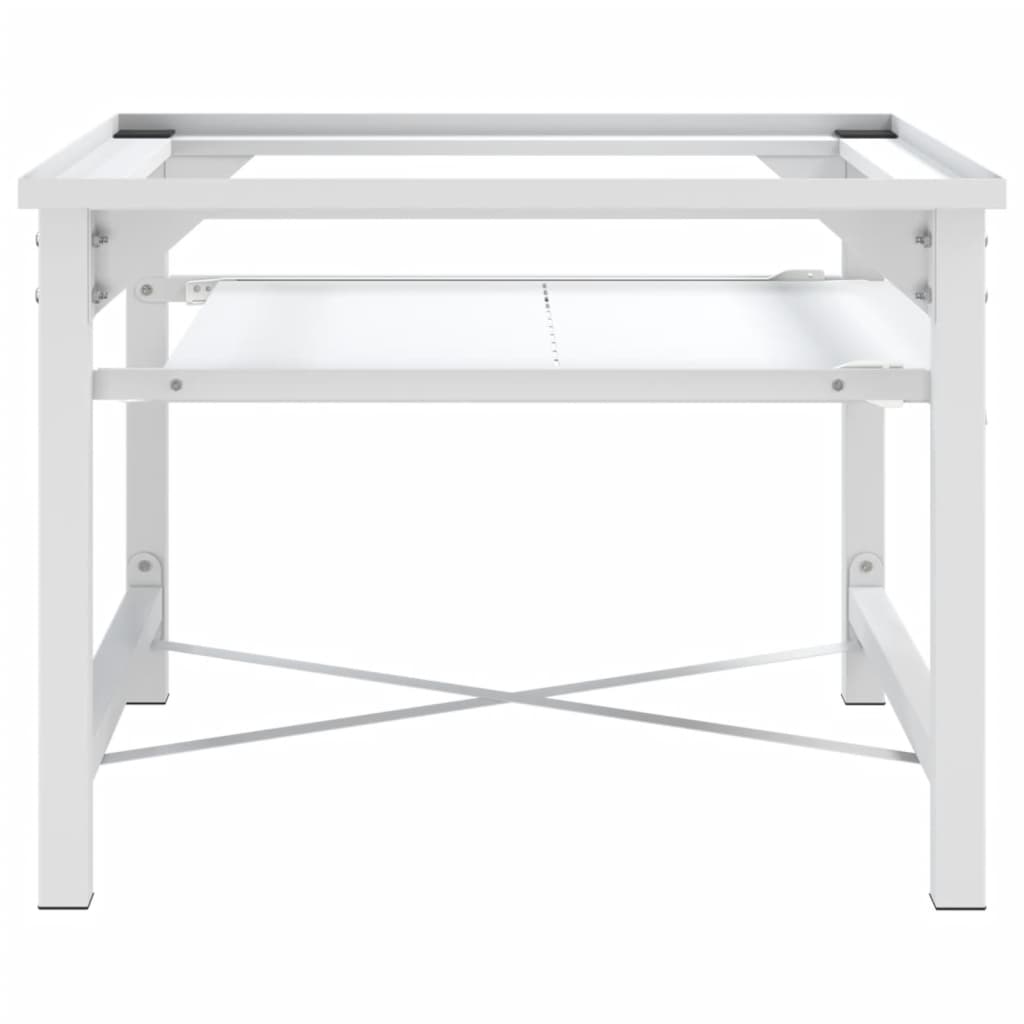 White steel washing machine pedestal with slide-out shelf and cross-brace legs.