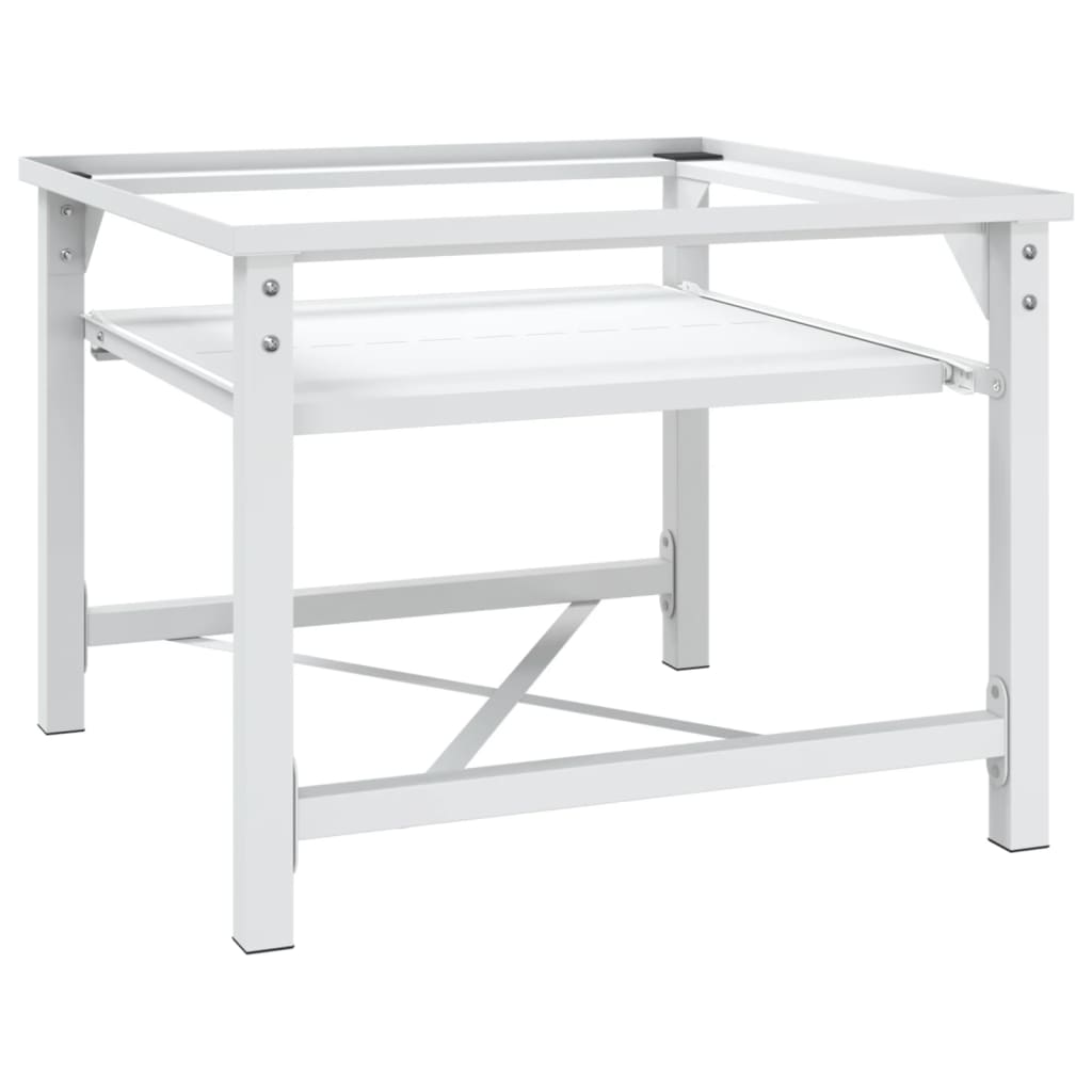 White steel washing machine pedestal with slide-out shelf and sturdy frame.