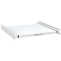 White steel washing machine pedestal with pull-out drawer and side brackets.