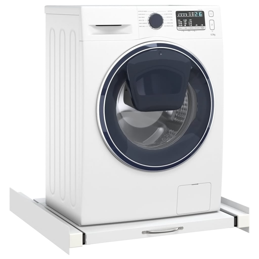 White steel washing machine pedestal with drawers, elevating a front-load washer.