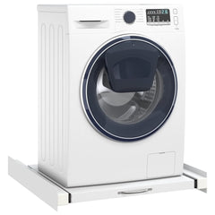 White steel washing machine pedestal with drawers, elevating a front-load washer.