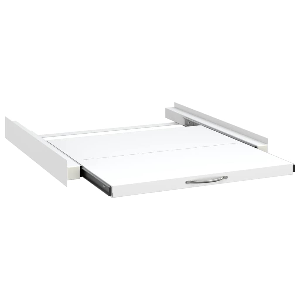 White steel washing machine pedestal with pull-out drawer and sturdy frame.