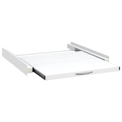 White steel washing machine pedestal with pull-out drawer and sturdy frame.