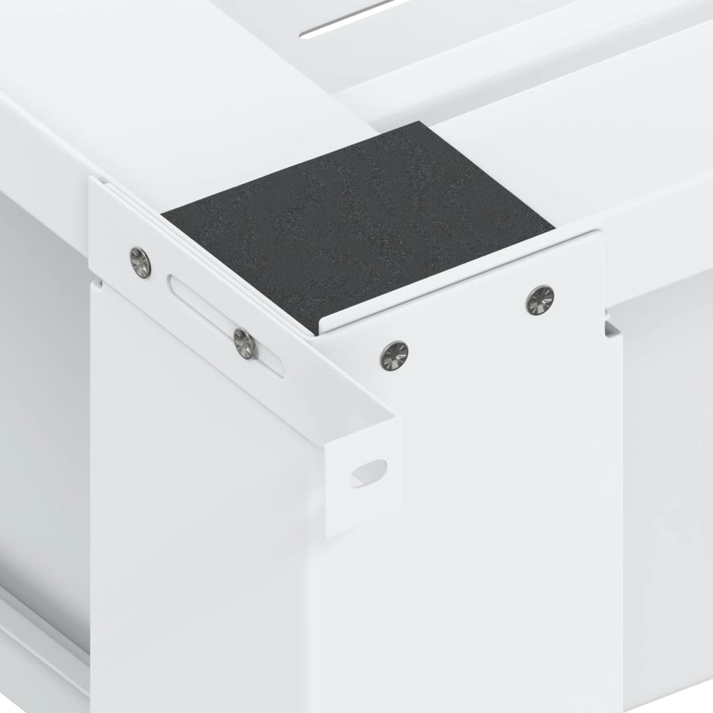 White steel pedestal for washing and drying machines, featuring drawers and a sturdy frame.