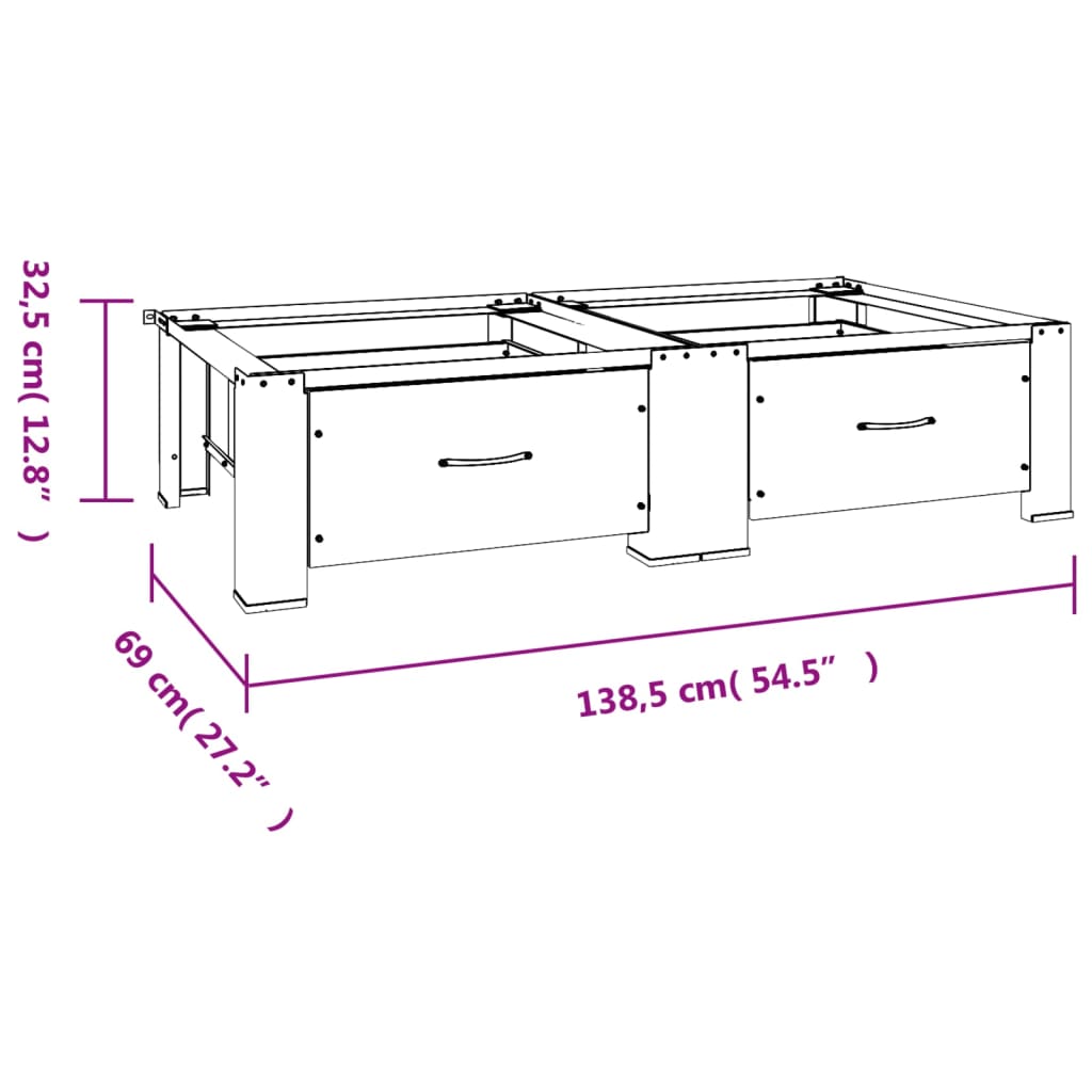 A white steel washing machine pedestal with two drawers, measuring 138.5 cm by 69 cm by 32.5 cm.