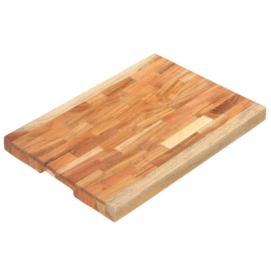 Solid acacia wood chopping board, 19.7x13.8x1.6 inches, with finger grooves.