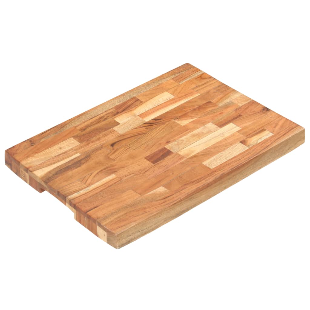 A rectangular solid acacia wood chopping board measuring 19.7x13.8x1.6 inches with finger grooves.
