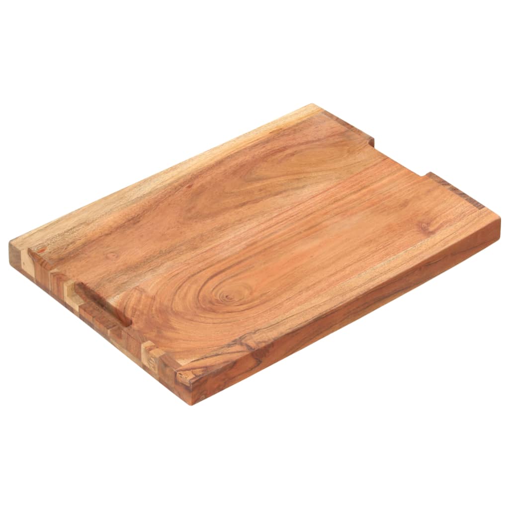 Solid acacia wood chopping board with finger grooves, 19.7x13.8x1.6 inches.