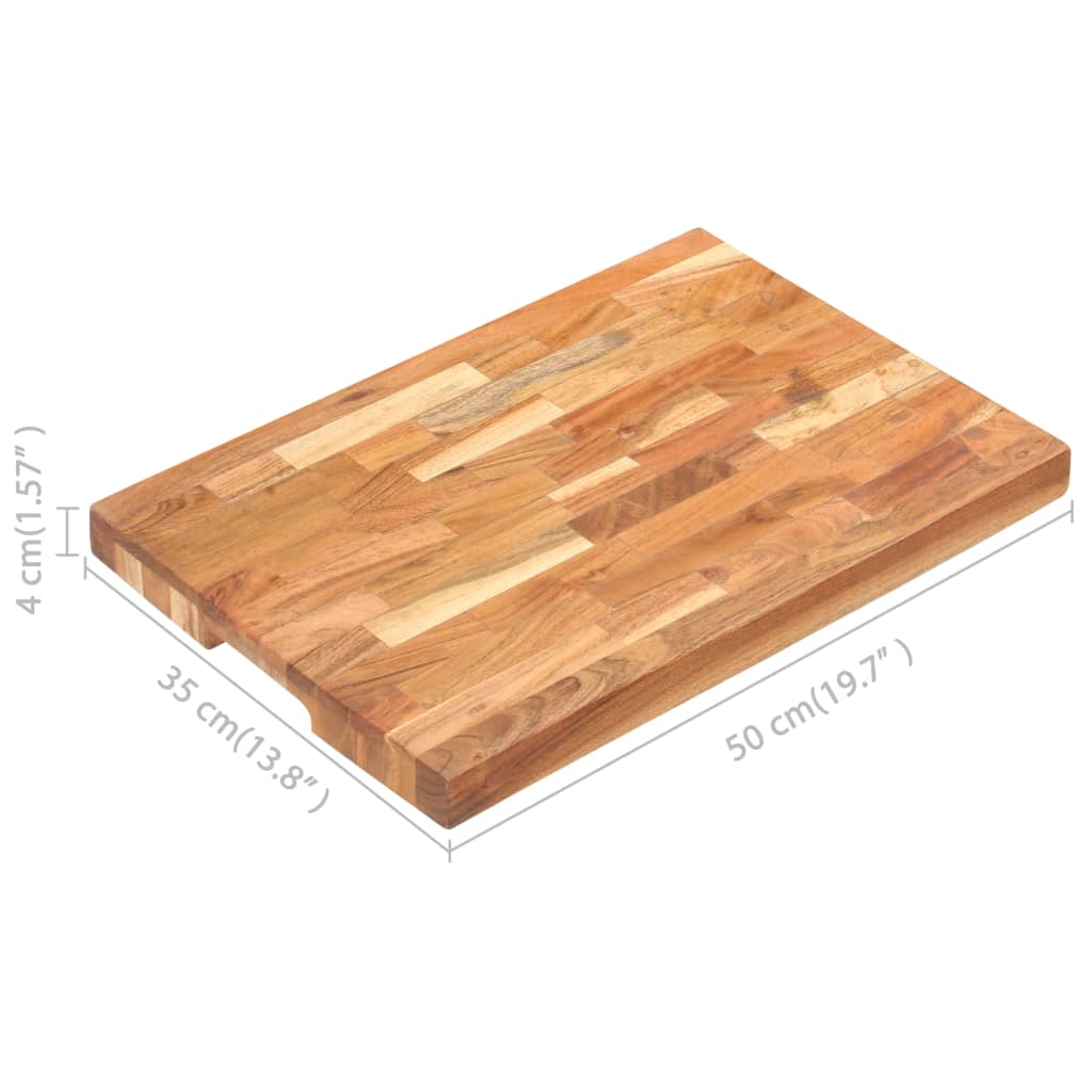 Rectangular solid acacia wood chopping board, 19.7x13.8x1.6 inches, with finger grooves.