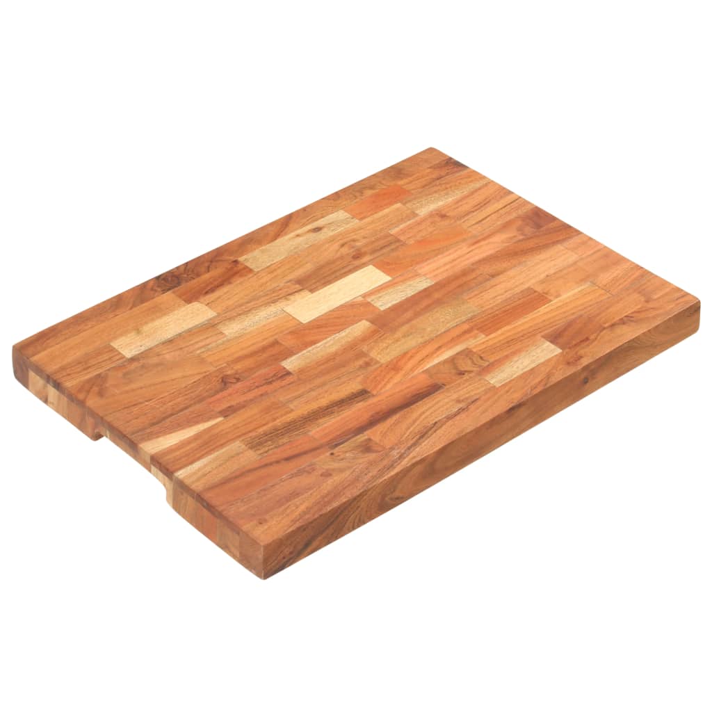 A rectangular solid acacia wood chopping board measuring 19.7x13.8x1.6 inches with finger grooves.
