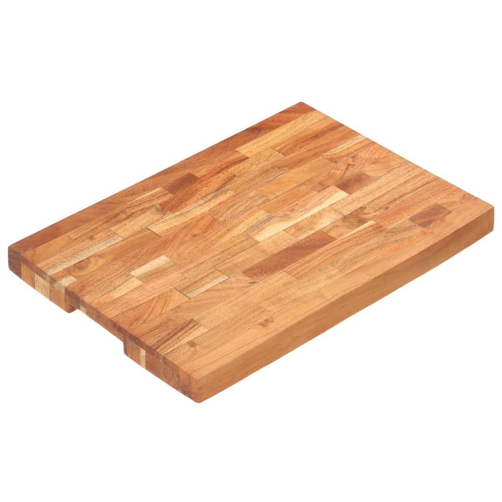 A rectangular solid acacia wood chopping board measuring 19.7x13.8x1.6 inches with finger grooves.