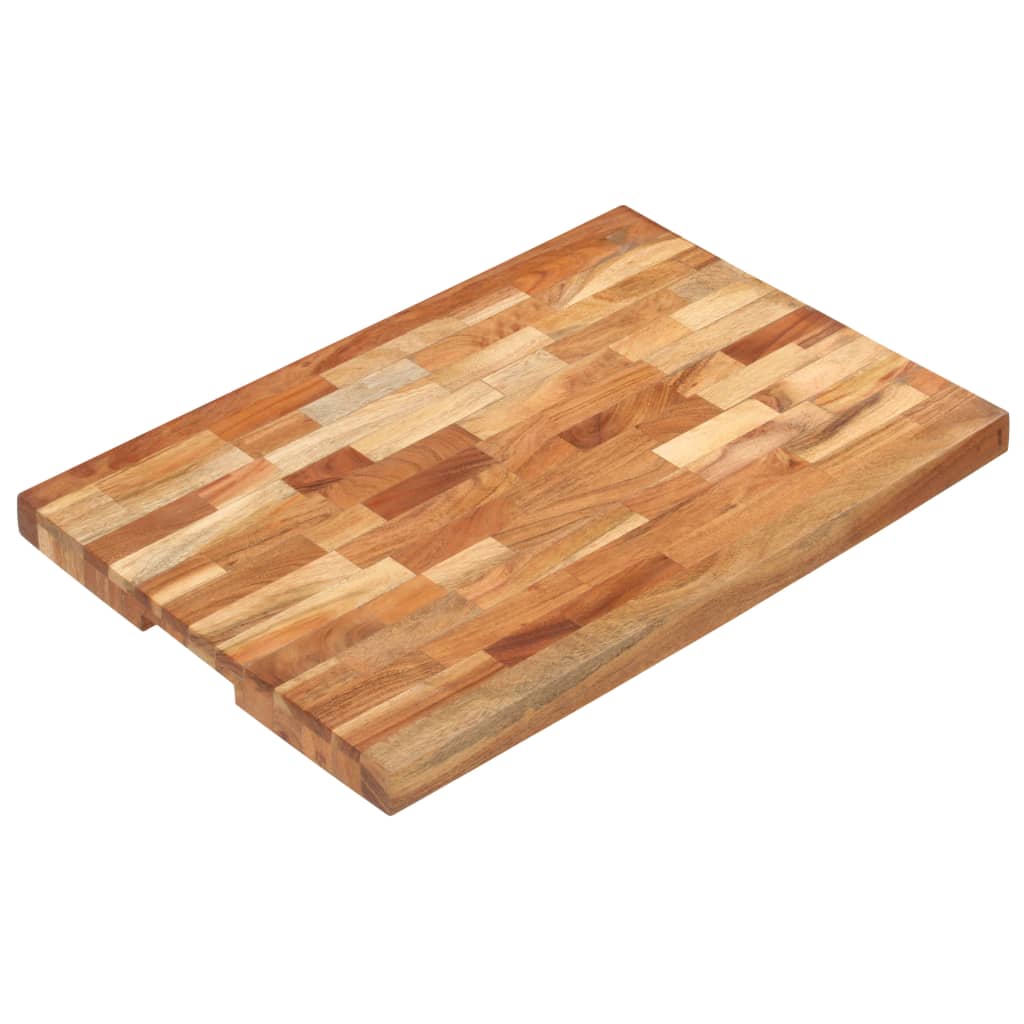 A rectangular solid acacia wood chopping board measuring 23.6x15.7x1.6 inches with natural grain patterns and a finger groove.