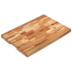 A rectangular solid acacia wood chopping board measuring 23.6x15.7x1.6 inches with natural grain patterns and a finger groove.