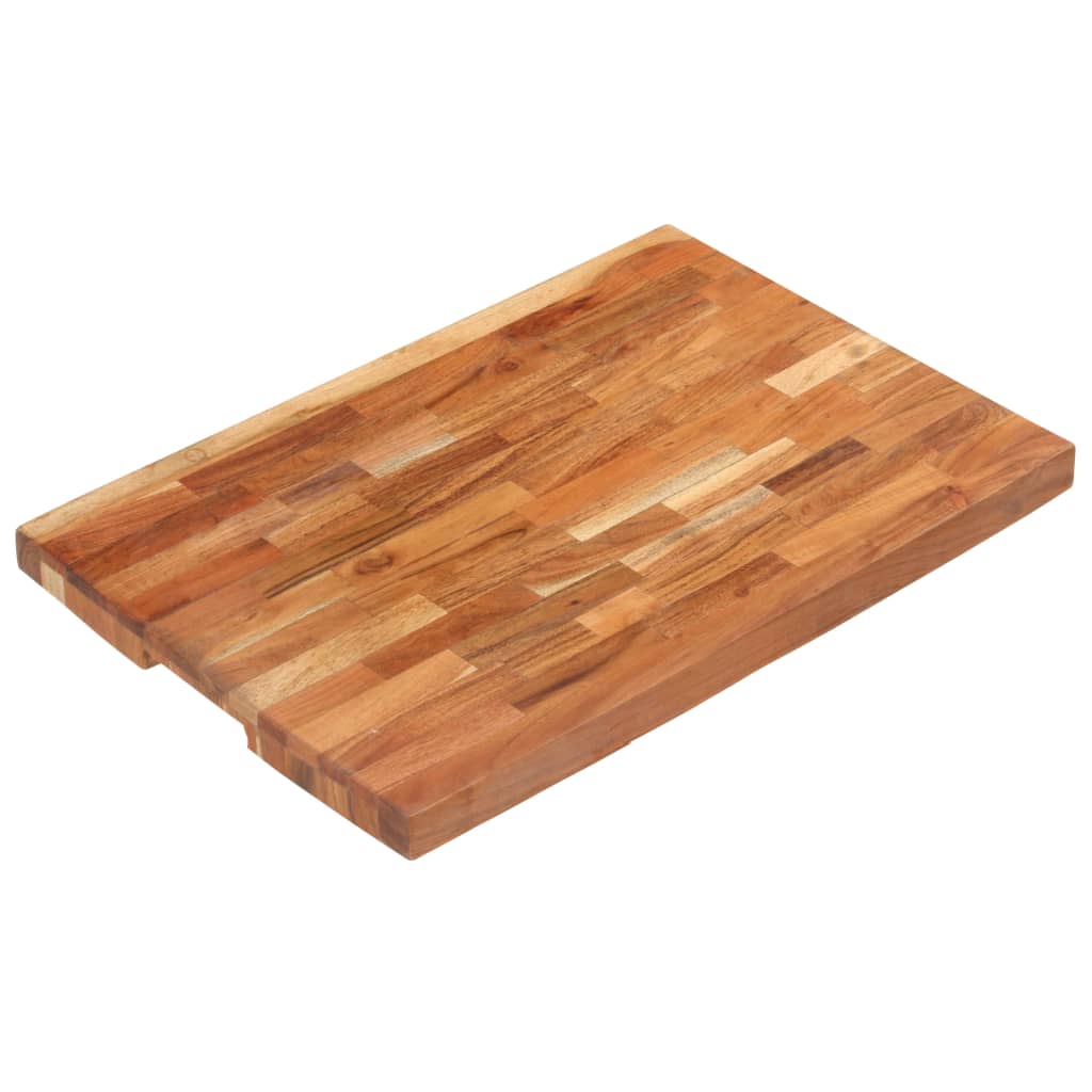 A rectangular solid acacia wood chopping board measuring 23.6x15.7x1.6 inches with a finger groove.