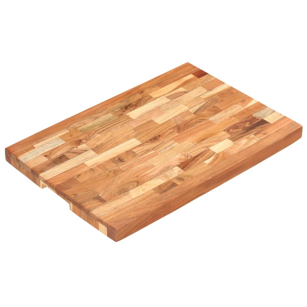 Rectangular solid acacia wood chopping board, 23.6x15.7x1.6 inches, with finger groove.