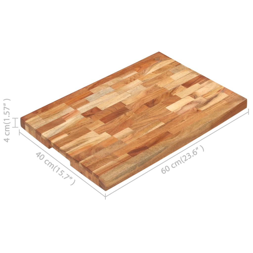 A rectangular solid acacia wood chopping board measuring 23.6 by 15.7 by 1.6 inches with natural grain patterns.