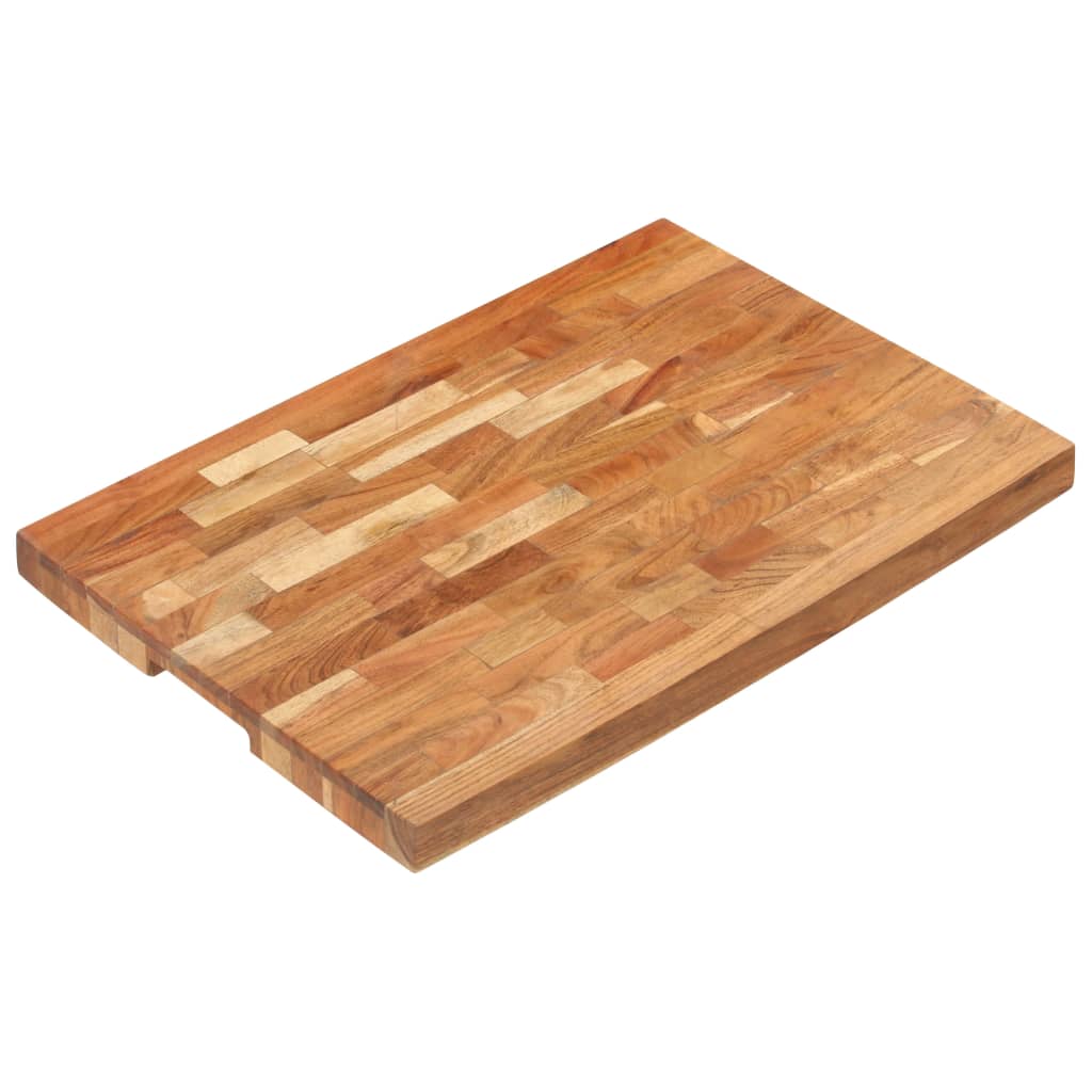 A rectangular solid acacia wood chopping board measuring 23.6 by 15.7 by 1.6 inches with natural grain patterns and a finger groove.