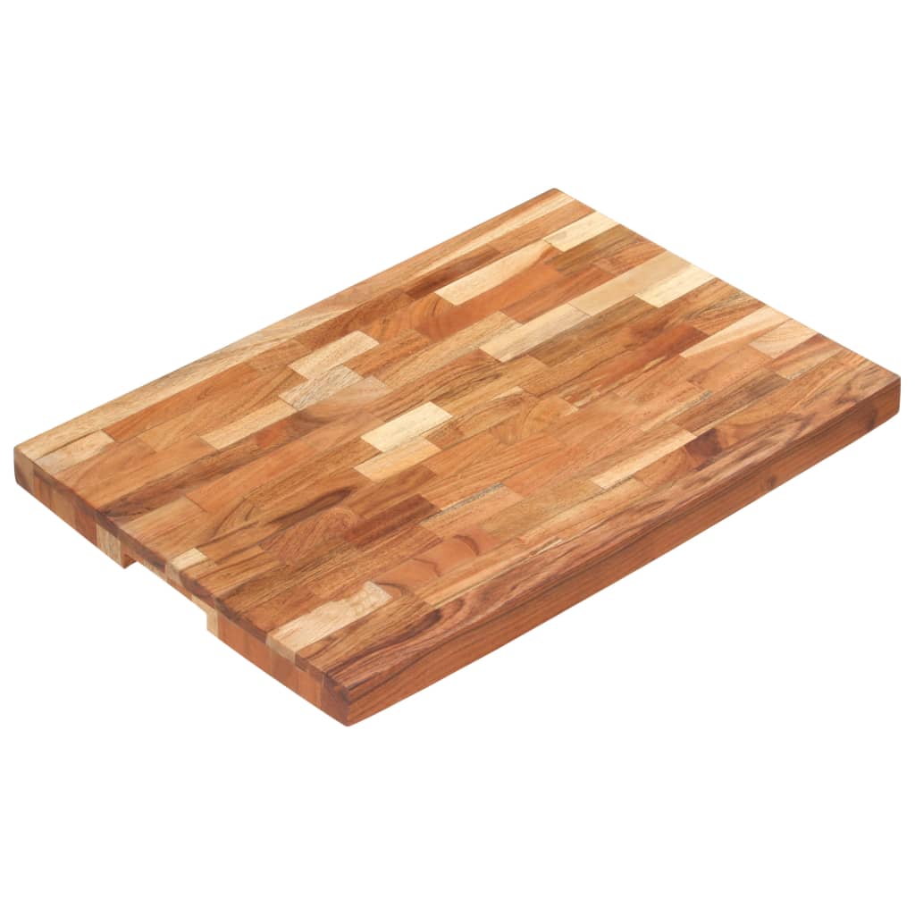 A rectangular solid acacia wood chopping board measuring 23.6 by 15.7 by 1.6 inches with natural grain patterns and a finger groove.