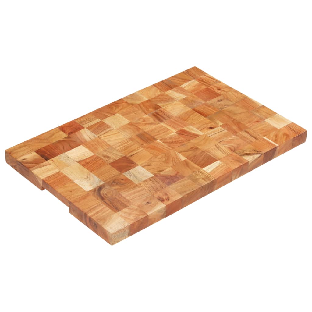 A rectangular solid acacia wood chopping board with end-grain pattern and finger groove, measuring 23.6x15.7x1.5 inches.