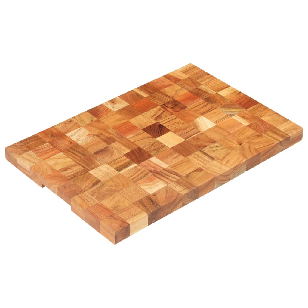 Rectangular solid acacia wood chopping board with natural grain patterns and finger groove, 23.6x15.7x1.5 inches.