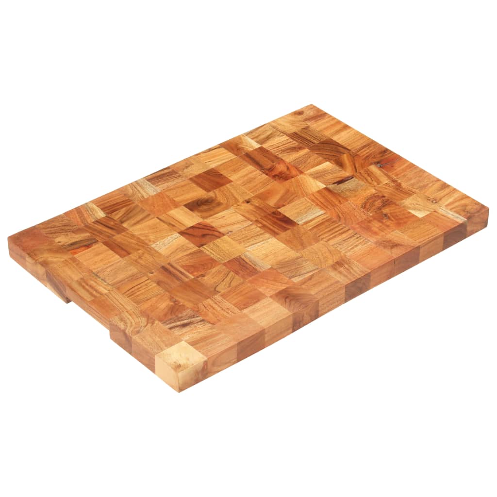 Rectangular solid acacia wood chopping board with natural grain and finger groove handle.