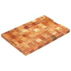 Rectangular solid acacia wood chopping board with natural grain and finger groove handle.