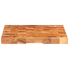 A rectangular solid acacia wood chopping board measuring 23.6x15.7x1.5 inches with end grain pattern and finger groove.
