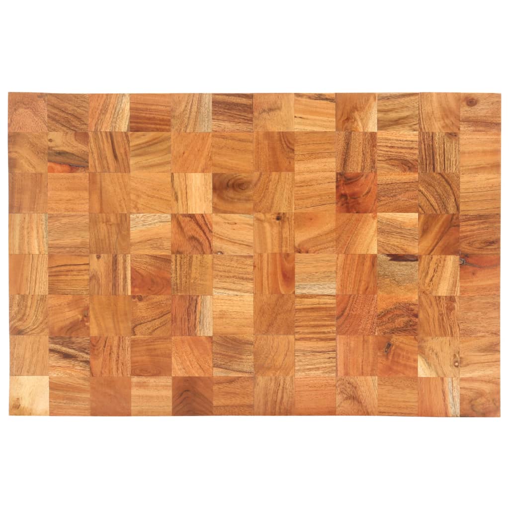 A rectangular solid acacia wood chopping board with natural grain patterns and a finger groove, measuring 23.6 by 15.7 inches.