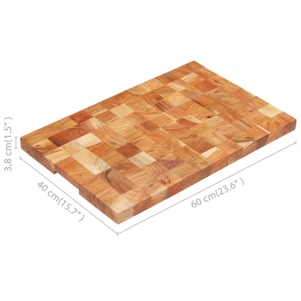 A rectangular solid acacia wood chopping board measuring 23.6 by 15.7 by 1.5 inches with end-grain surface and dimensions shown.