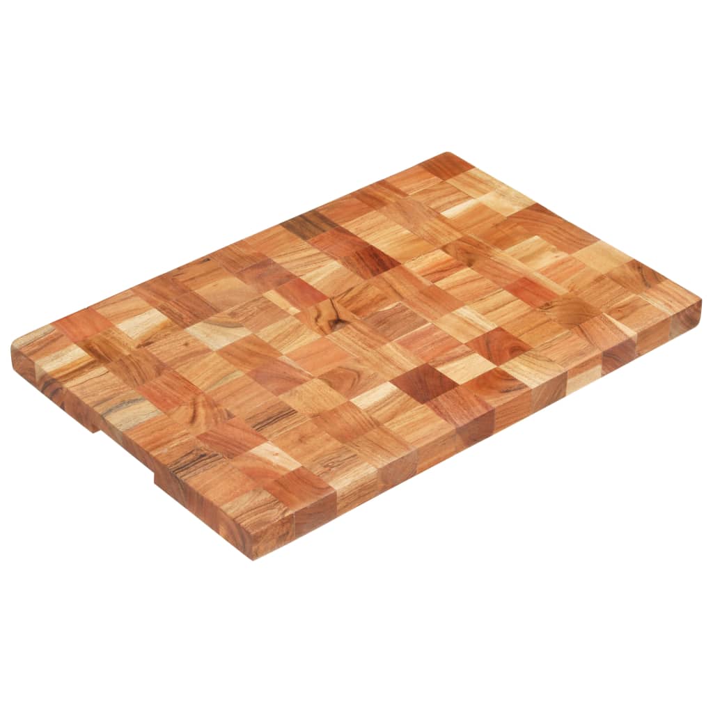 Rectangular solid acacia wood chopping board with natural grain and finger groove, 23.6x15.7x1.5 inch.