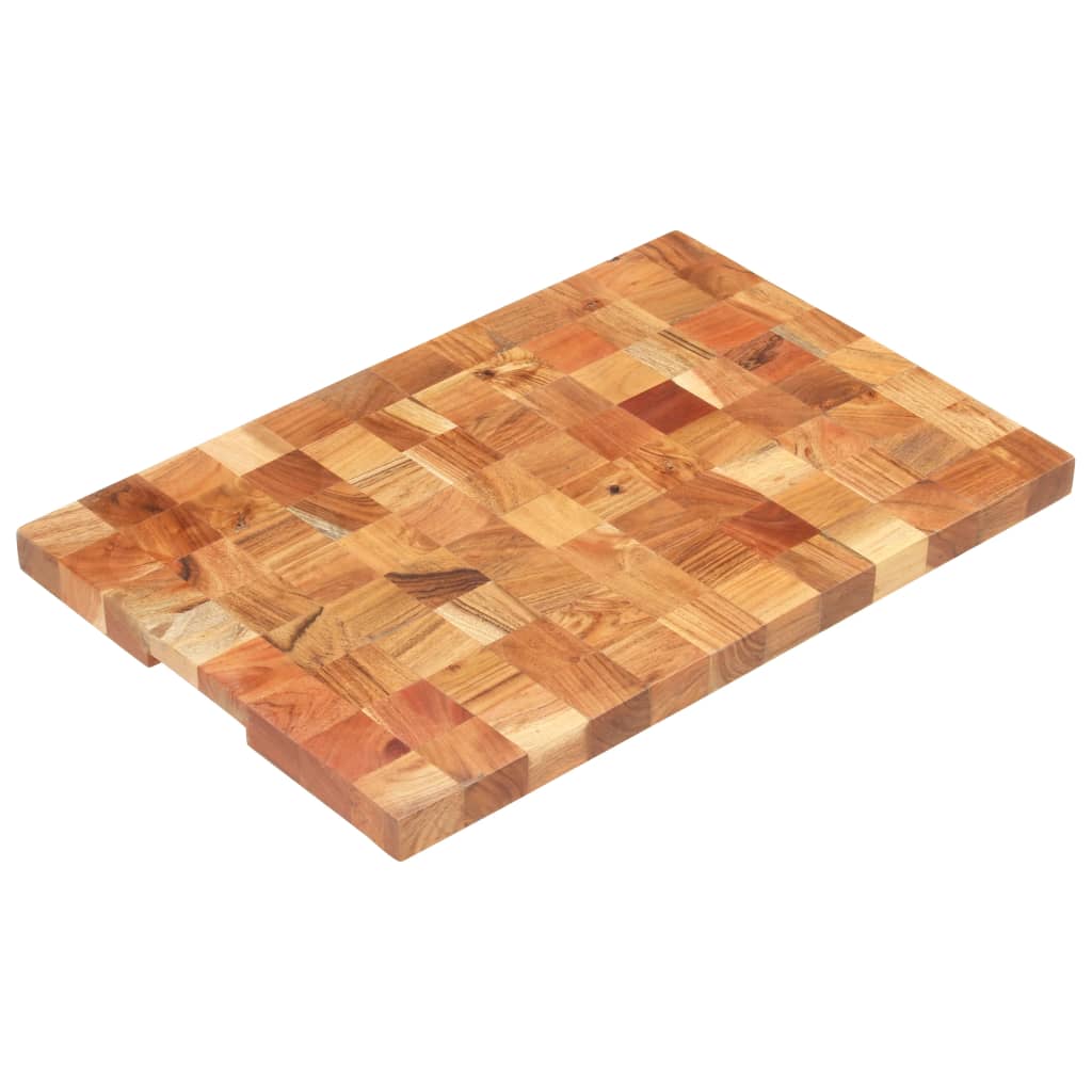Rectangular solid acacia wood chopping board with end-grain pattern and finger groove, 23.6x15.7x1.5 inches.