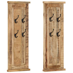 Set of two 15x39.4-inch solid mango wood wall-mounted coat racks with four wrought-iron hooks each.