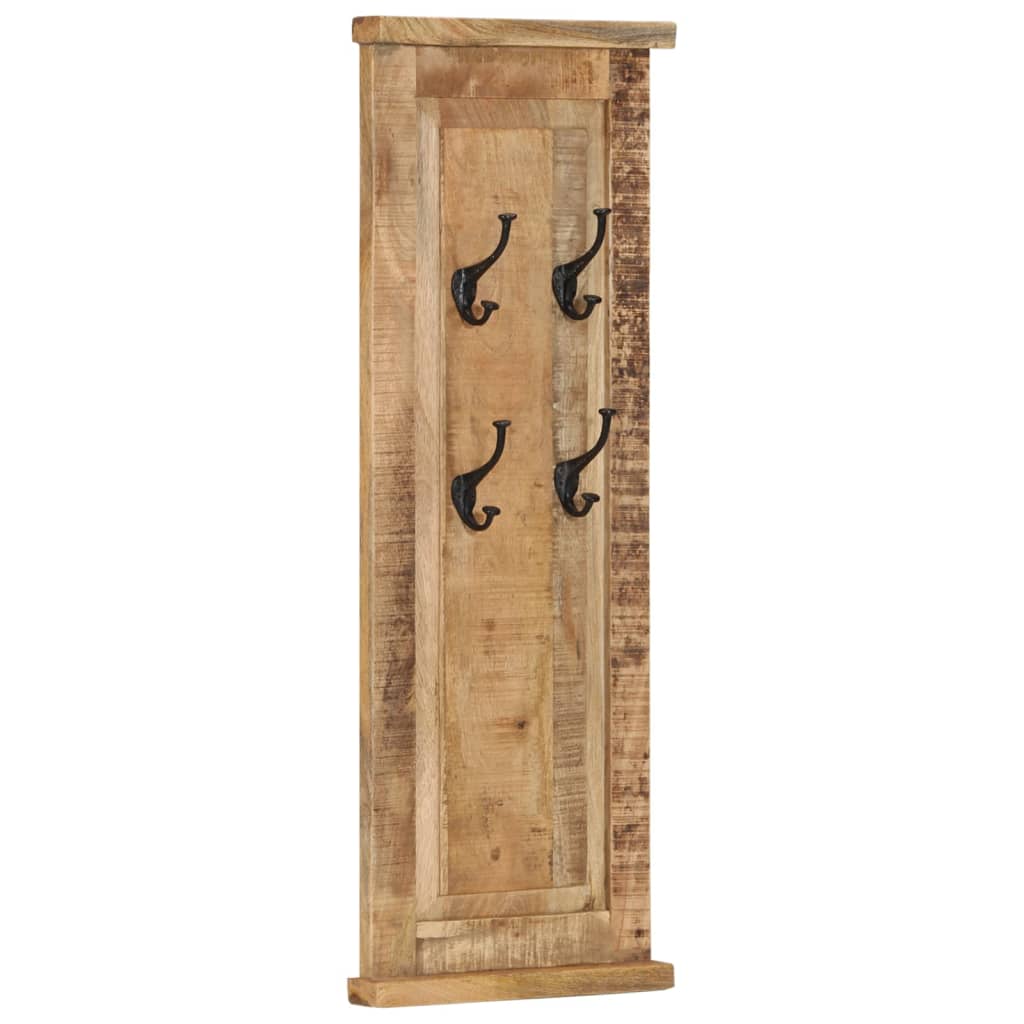 Set of two 15x39.4-inch solid mango wood wall-mounted coat racks with four wrought-iron hooks each.