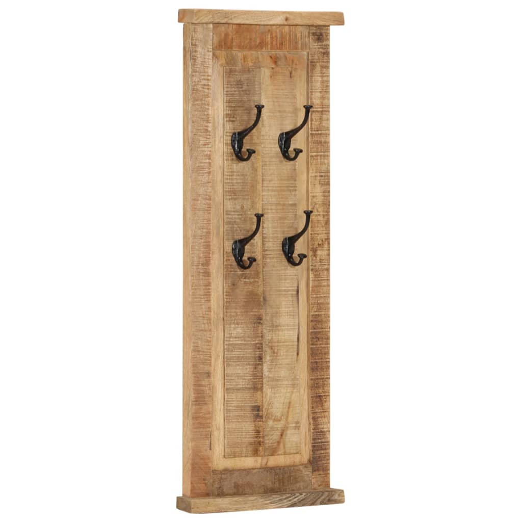 Set of two tall solid mango wood wall-mounted coat racks with four wrought-iron hooks each.