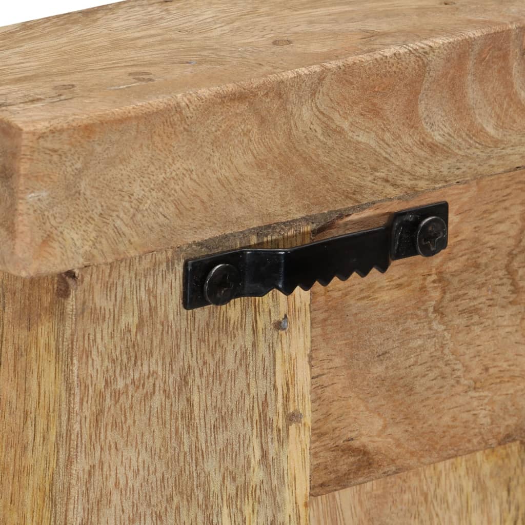 A close-up shows the sawtooth hanger on the back of a solid mango wood coat rack.
