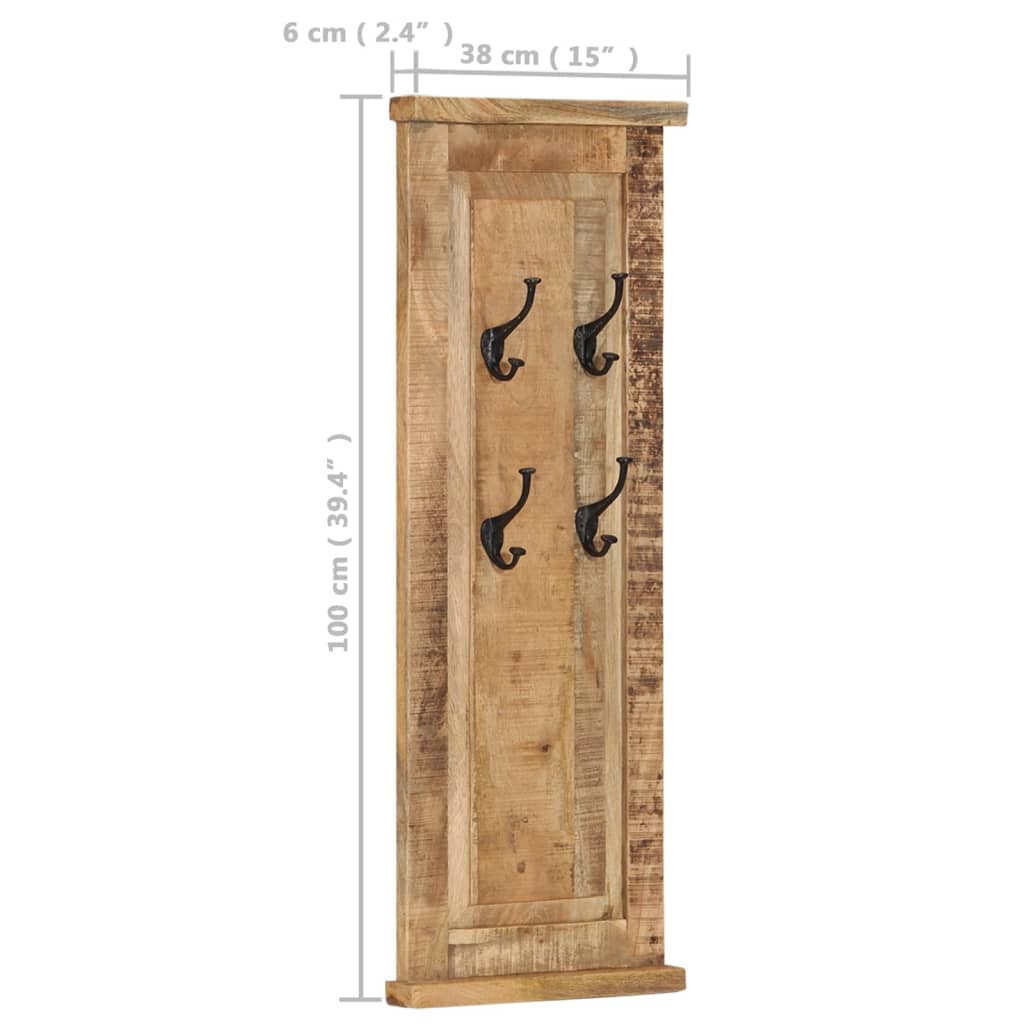 Set of two 15x39.4-inch solid mango wood wall-mounted coat racks with four wrought-iron hooks each.