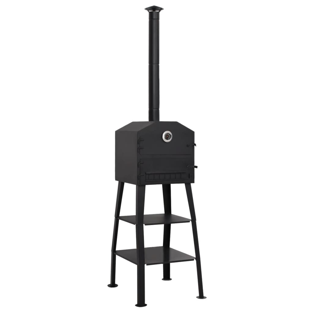 Black outdoor charcoal pizza oven on stand with chimney and two fireclay stones.