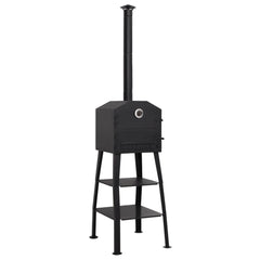 Black outdoor charcoal pizza oven on stand with chimney and two fireclay stones.
