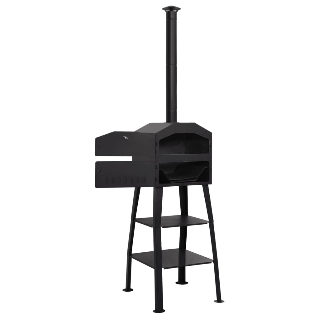Black outdoor charcoal pizza oven with chimney, side shelf, and two fireclay stones.