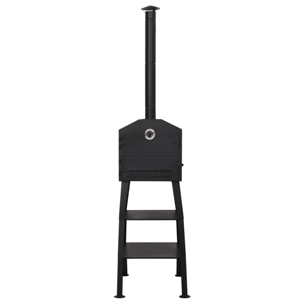 Black outdoor charcoal pizza oven with chimney, fireclay stones, thermometer, and lower shelves.