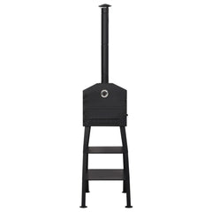 Black outdoor charcoal pizza oven with chimney, fireclay stones, thermometer, and lower shelves.