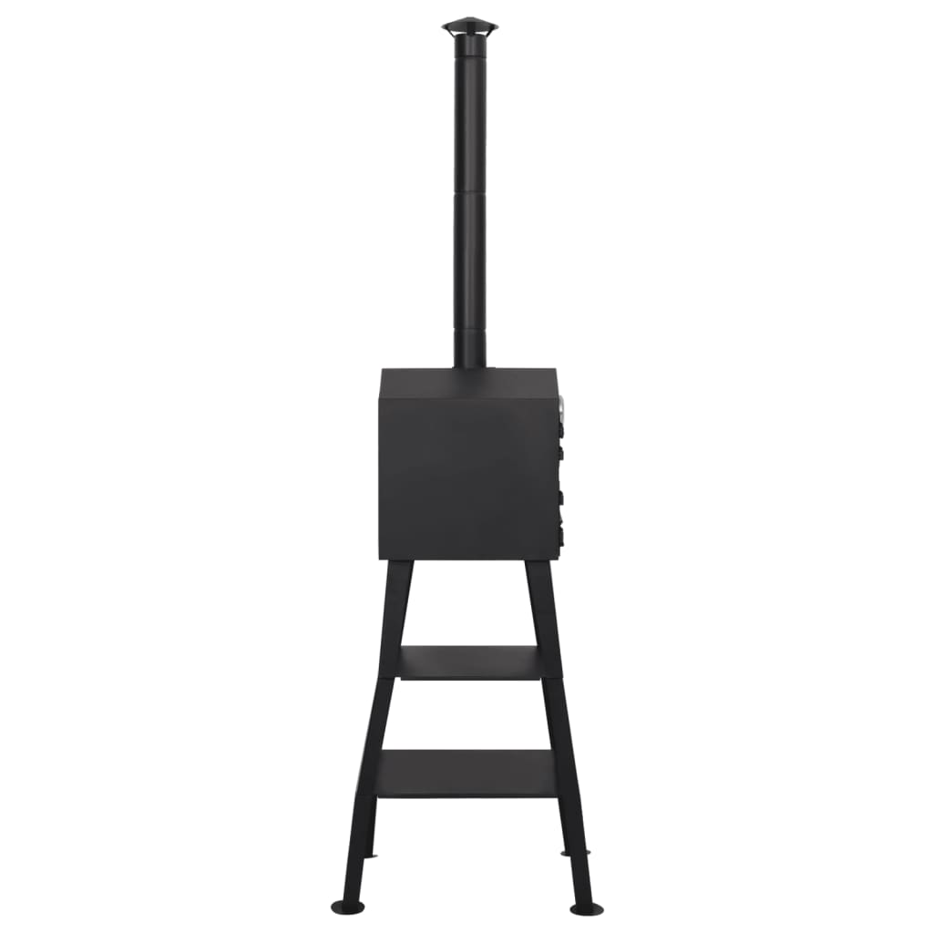 Rear view of black steel outdoor charcoal pizza oven with chimney, side door, and lower shelf.