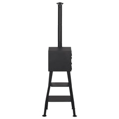 Rear view of black steel outdoor charcoal pizza oven with chimney, side door, and lower shelf.