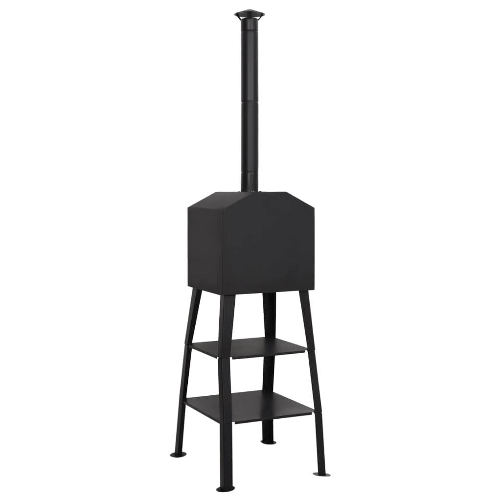 Black outdoor charcoal pizza oven with chimney and two lower shelves for storage