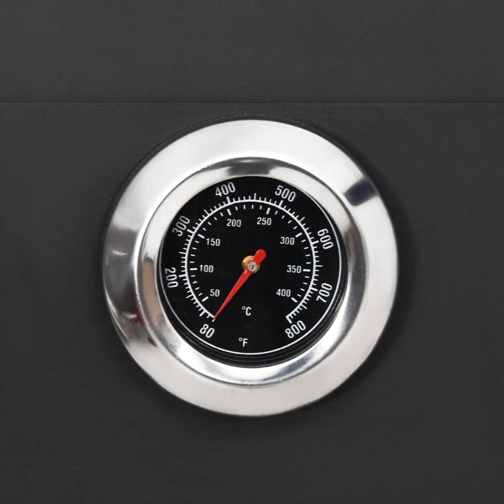 Built-in thermometer on Bostome outdoor charcoal pizza oven with stainless steel frame.