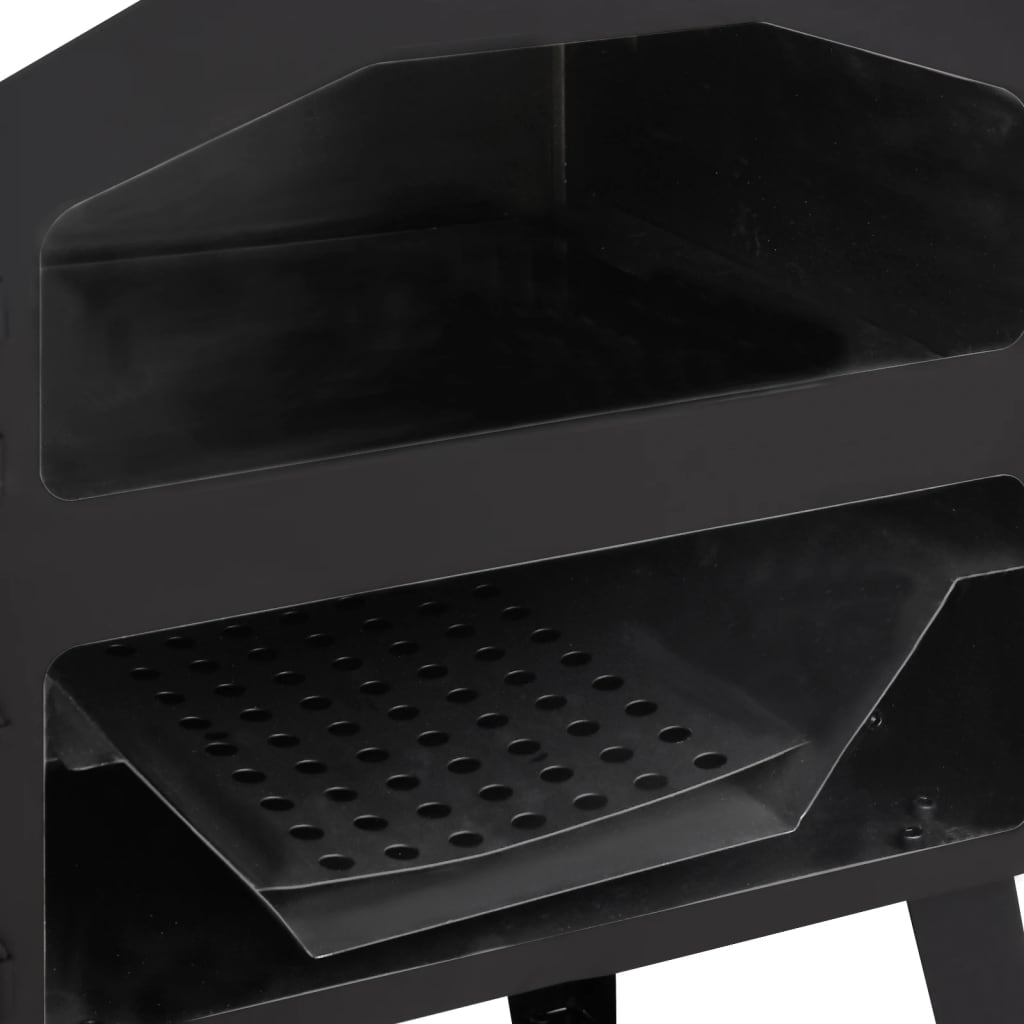 Black outdoor charcoal pizza oven with open door and two fireclay stones inside.